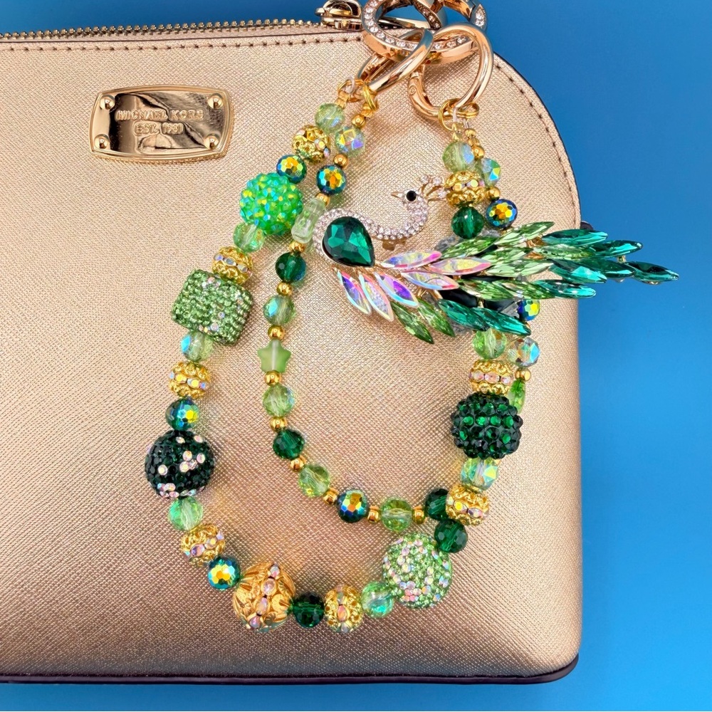🦚 Luxury Bag/Phone Chain Charm/Keychain Green Rhinestone PEACOCK & Crystal Beads